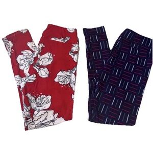 LuLaRoe Red Floral and Blue Geometric Leggings